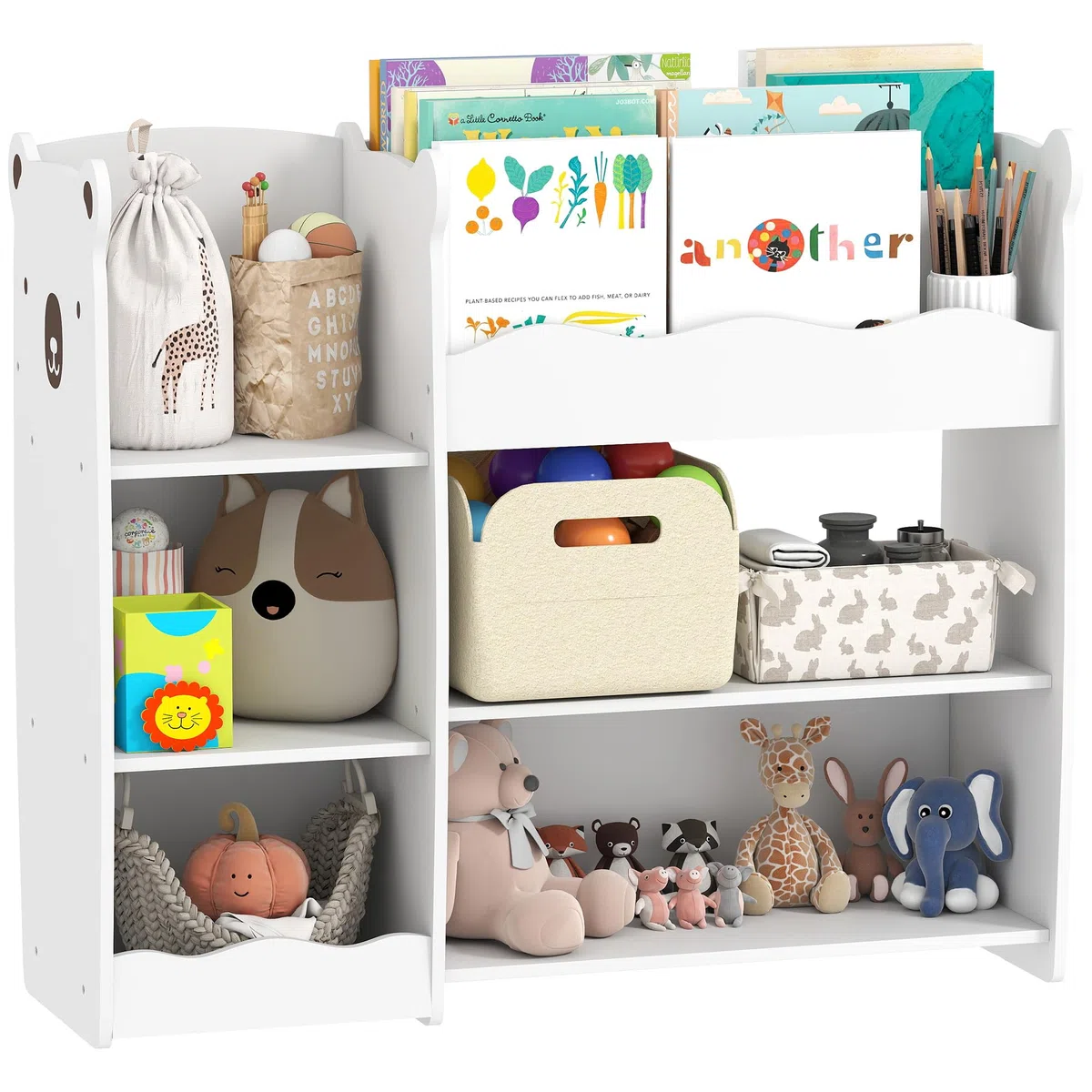 AIYAPLAY Scaffale per giocattoli per bambini con ripiani aperti, scomparti, design con orsacchiotti, organizer per giocattoli per camera da letto, sala giochi, asilo nido, bianco