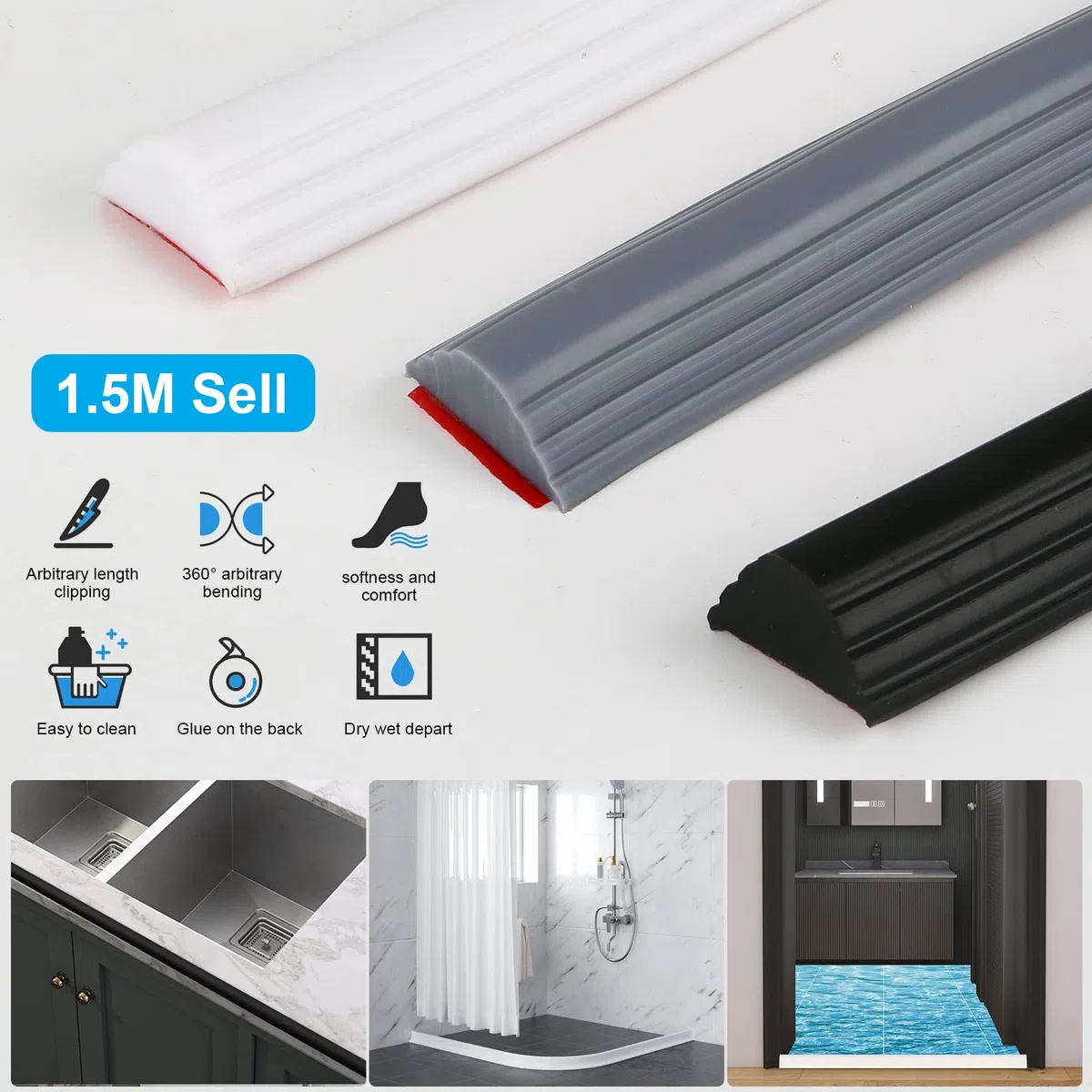 Bathtub Shower Splash Guard - Barra protettiva per doccia, autoadesiva, per pavimento e doccia, pieghevole, in silicone, colore: nero, 1,5 m