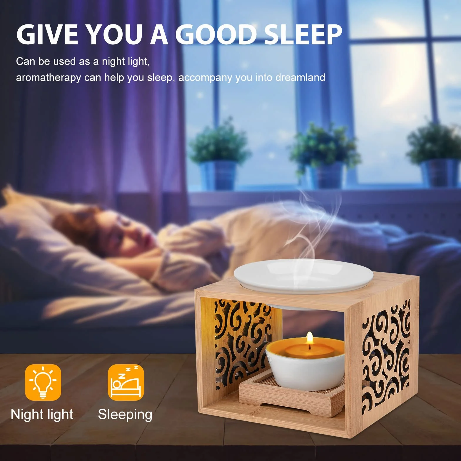 Lampada aromatica di bambù, lampada aromatica in ceramica, bruciatore di olio essenziale, cera fusa, lampada aromatica con portacandele decorativo, diffusore di aromi per la casa, ufficio,