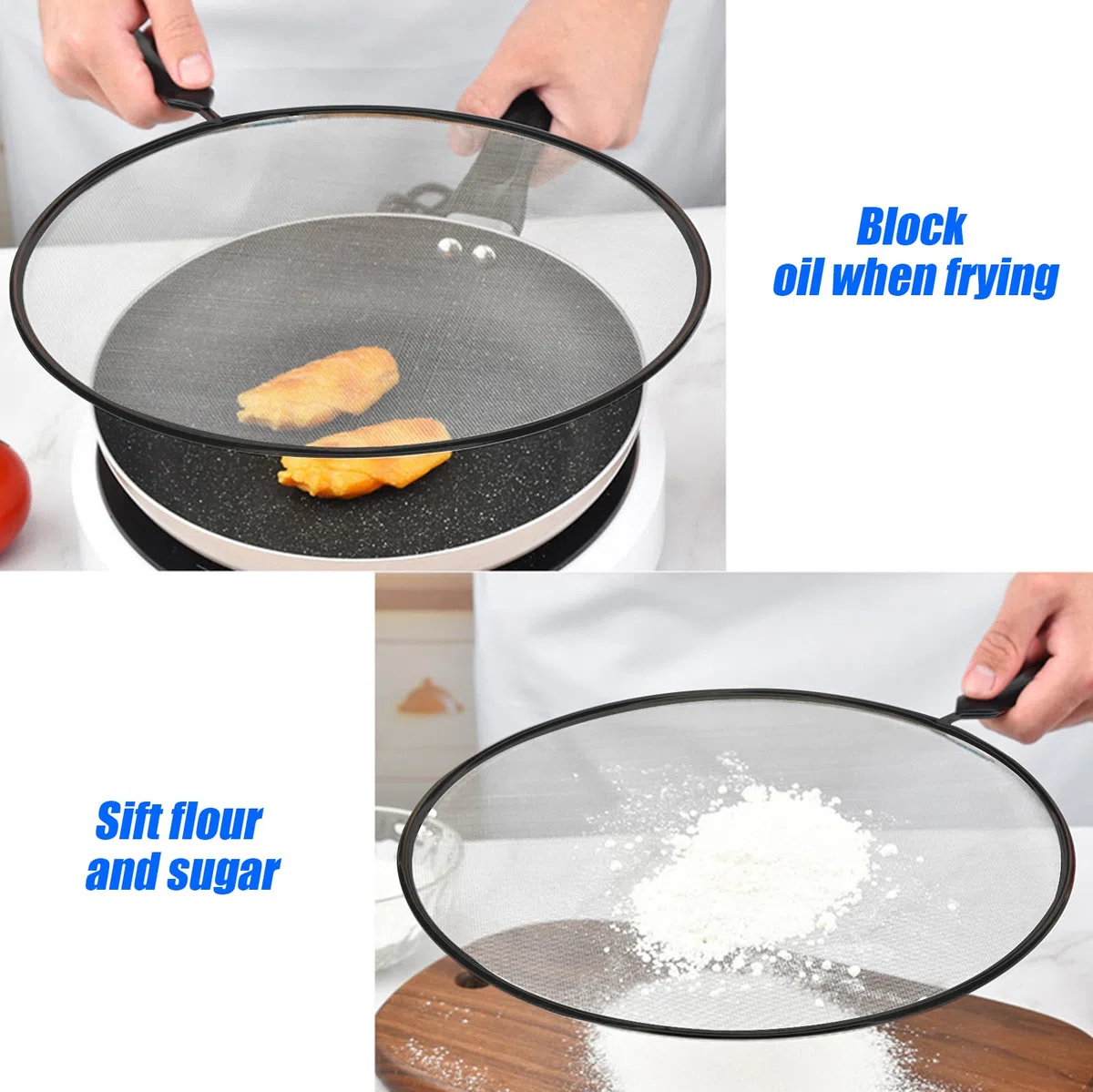 Set di 3 Coperchi Paraspruzzi in Acciaio Inox: Coperchio Paraspruzzi con Manico, Coperchio per Prove per Padelle, Diametro 21cm, 25cm, 29cm, Coperchio per Padella Anti-Spruzzi per Padelle