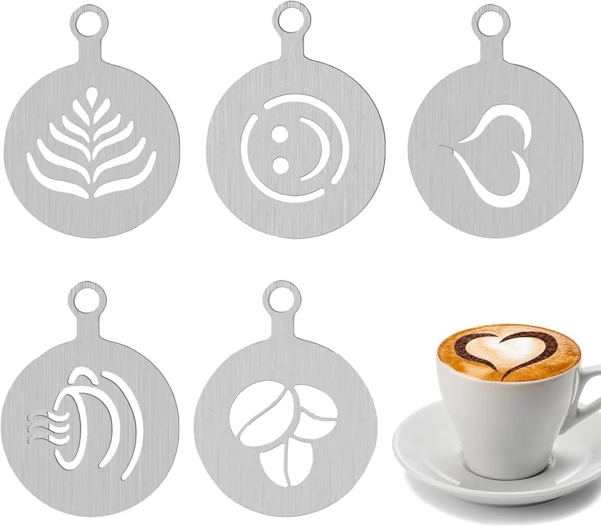 5 stencil per caffè in acciaio inox, cappuccino, barista, stencil per decorazione del cacao, accessori per il caffè fai da te