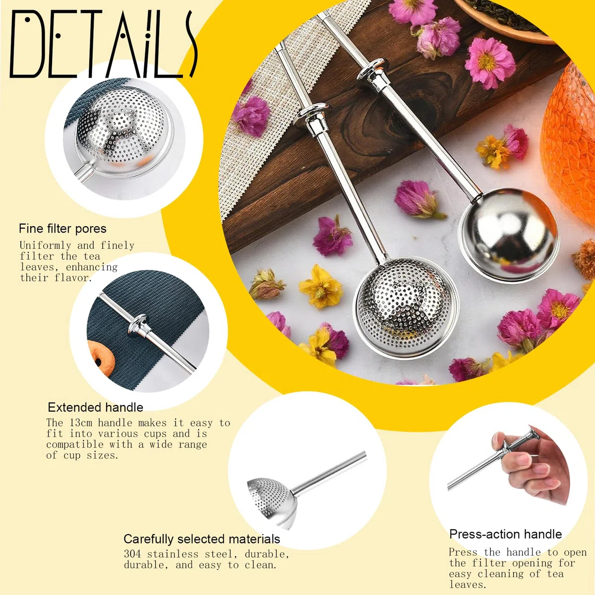 2 Pezzi Infusore per Tisane Colino Acciaio Inox Maglia Fine Infusore Tè A Spinta Filtro Te Infusione Sferico per Sfuso, Spezie Ed Erbe Filtro da a Maglie Fini