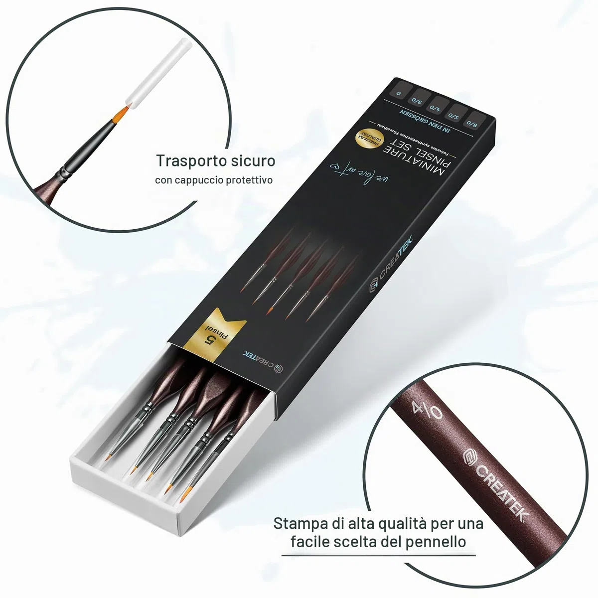 CreaTek - 5 pennelli extra fini per i dettagli [Massima precisione] Pennello per dettagli perfetti pittura acrilica, acquerello, olio | Il set di pennelli n.1 per la pittura nei pennelli da modellismo