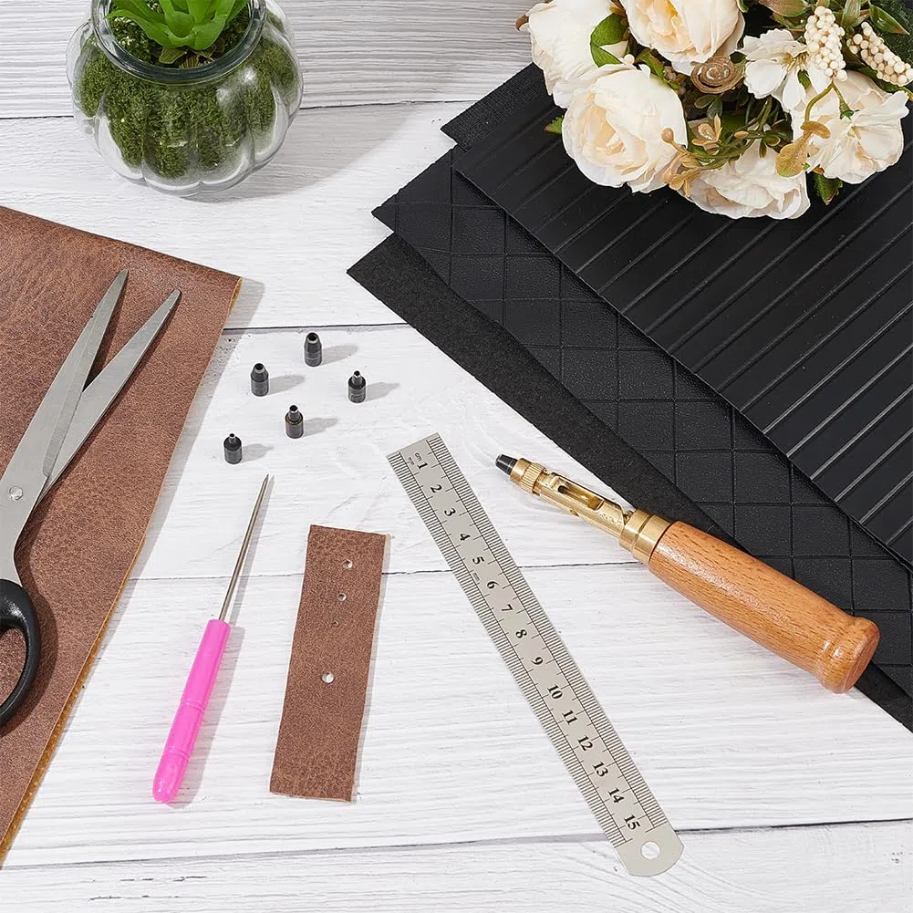 FINGERINSPIRE Set di perforatori giapponesi regolabili con tappo a vite, manico in legno in ottone con 6 punte e manico in plastica punteruoli in perle di ferro e righello in acciaio inox