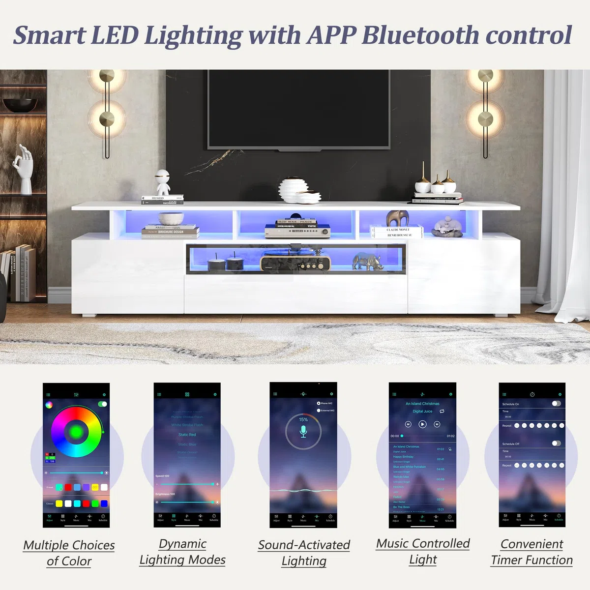 Mobile TV, 180 x 38 x 45 cm, con 2 armadi e 1 cassetto, basso con LED e 10 ripiani, adatto per TV da 75 pollici