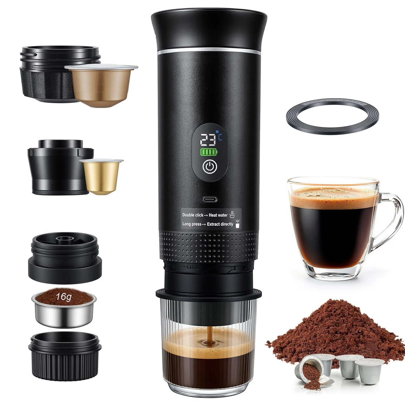 Macchina Caffè Portatile 20 Bar, 3 IN 1 Macchina Espresso Portatile Compatibile con Capsule Piccole/Grandi e Caffè Macinato, Auto-Riscaldamento, Caffettiera Portatile per Viaggi Campeggio Auto