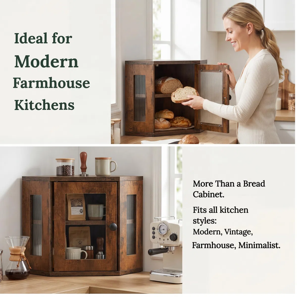 Portapane Angolare 32x32x35cm, Mobile Contenitore Cucina con Mensola Regolabile, Porta Acrilica Trasparente, Finitura Effetto Legno, Risparmio Spazio, Design Rustico Moderno