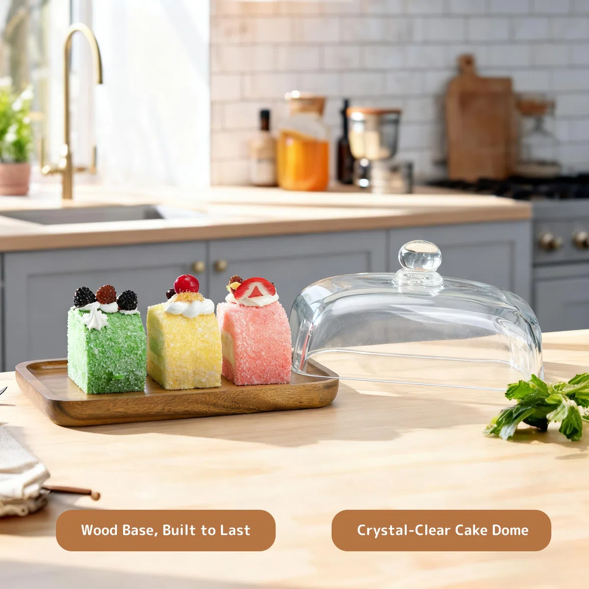 Alzata rettangolare in legno con cupola in vetro, grande mini supporto per torte con campana in vetro trasparente, vassoio per torte, per cucina, feste di compleanno, matrimoni, CAKE-FANG01