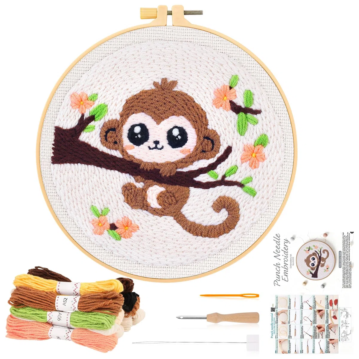 JSRQT Ricamo Starter Kit per Aghi da Punzonatura con Motivo a Scimmietta,Punch Needle Starter Kit con Penna a Punzone per Principianti