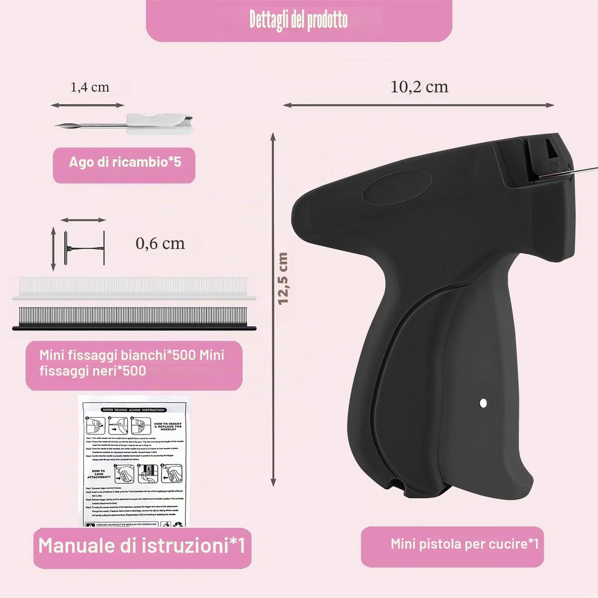 Mini pistola da cucito a mano, macchina da cucire portatile con 5 aghi + 1000 staffe, riparazione flash per vestiti e tende, set da cucito da viaggio per riparazioni tessili, nero
