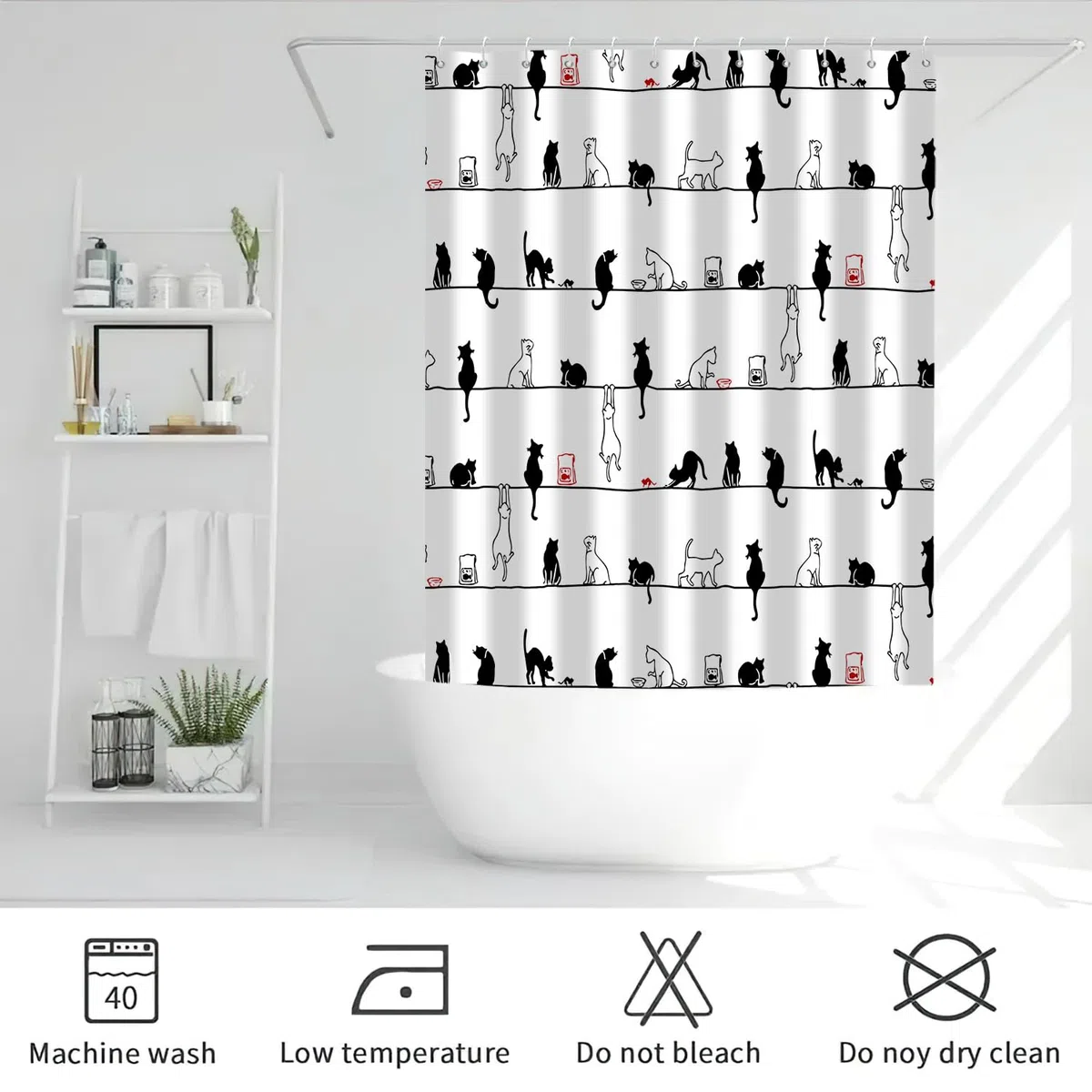 Bianco e Nero Gatto Tende da Doccia 180x180cm Cartone Animato Divertente Gatto Semplice Animale Tenda da Doccia Impermeabile Lavabile in Poliestere con 12 Ganci per Bagno, Vasca da Bagno