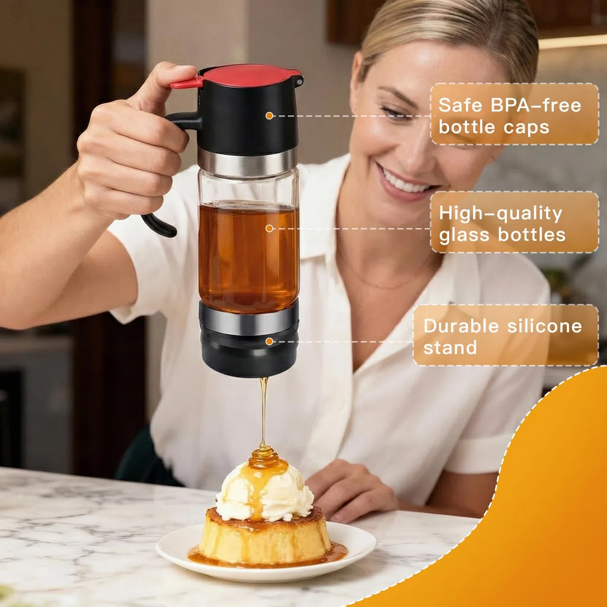 350ml Dosatore Miele in Vetro, Contenitore Dispenser Miele Antigoccia con Manico per Miele Sciroppo Caffè E Altri Liquidi Per Desser