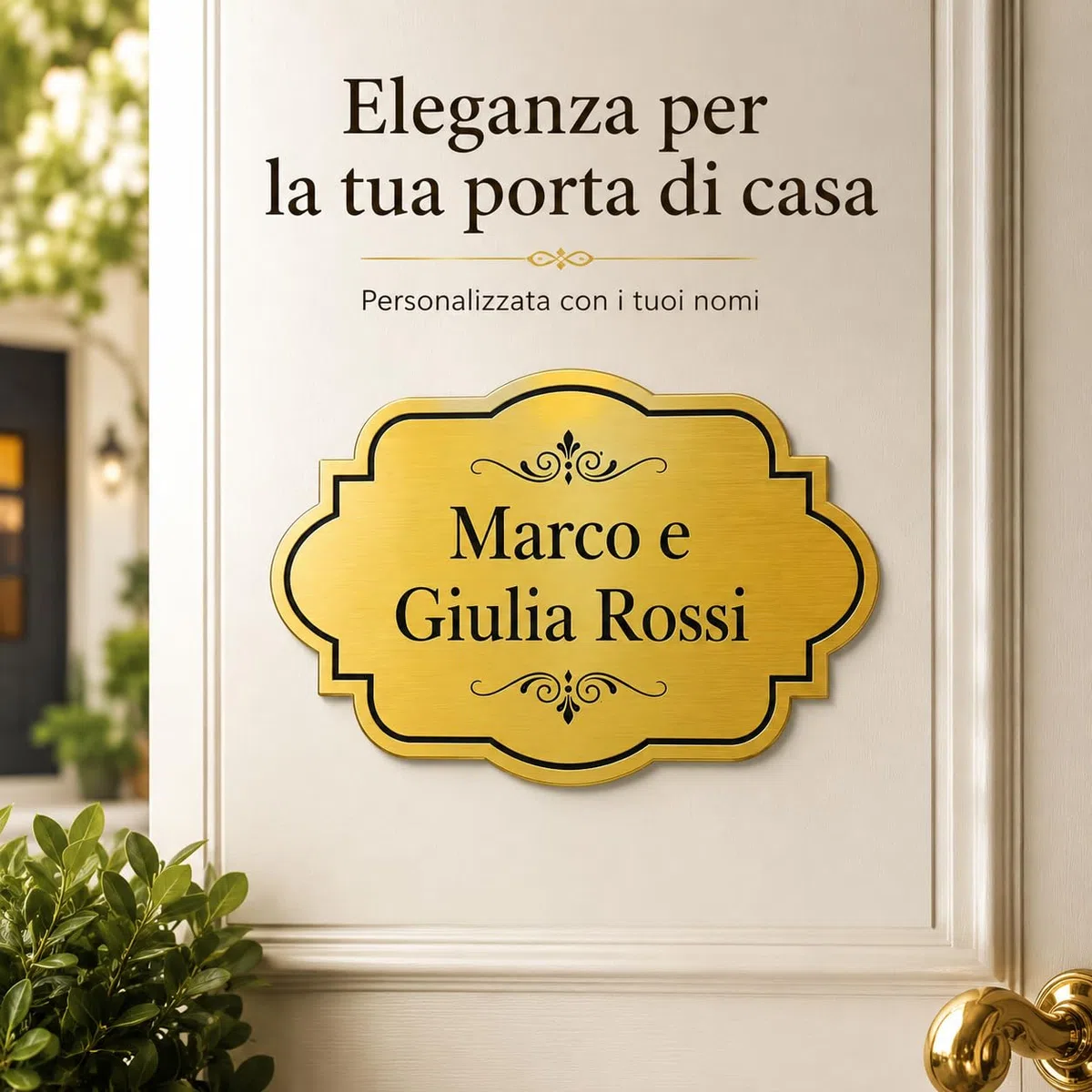 Targa Porta Ingresso Personalizzata in Plexiglass, Targhetta Adesiva Fuori Porta Casa con Nomi Famiglia, Biadesivo Incluso, Sfondo Oro Argento Bianco, Decoro a Scelta