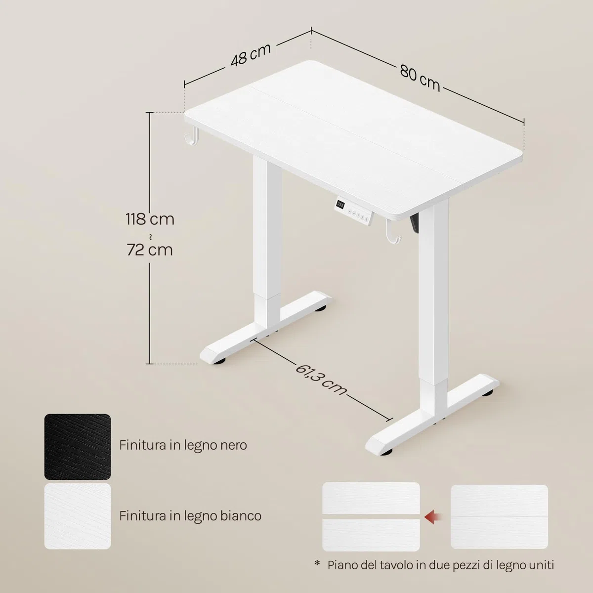 WOLTU Scrivania Elettrica Regolabile in Altezza 72-118 cm, con 3 Memorie e 2 Ganci – Bianco, Silenziosa, Capacità di Carico 80 kg – per Ufficio, Casa, Gaming e Studio, 80x48 cm