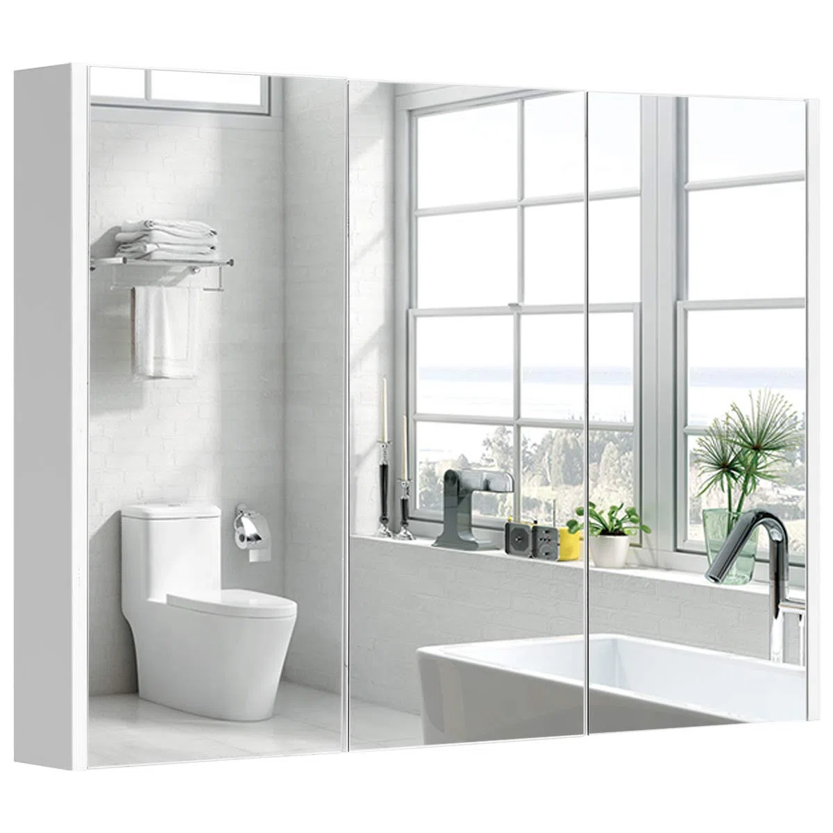 COSTWAY Armadietto Specchio Bagno con 3 Ante, 90 x 65 x 11 cm, Specchiera Bagno a Parete con Mensole Regolabili, Specchiera con Contenitore Salvaspazio per Ingresso e Soggiorno