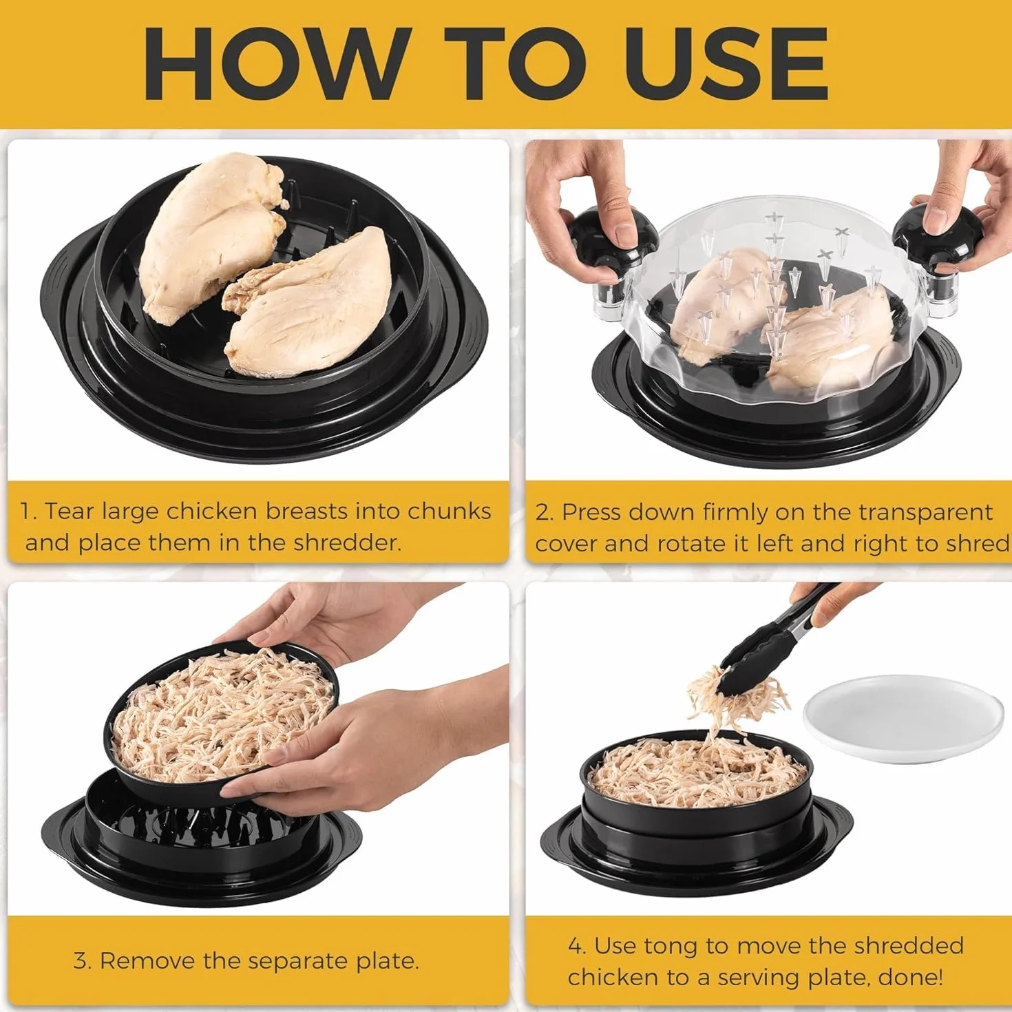 Trituratore del petto di pollo, robot da cucina manuale per la frantumazione facile Senza BPA, antiscivolo, con coperchio trasparente,lavabile in lavastoviglie (25 cm)