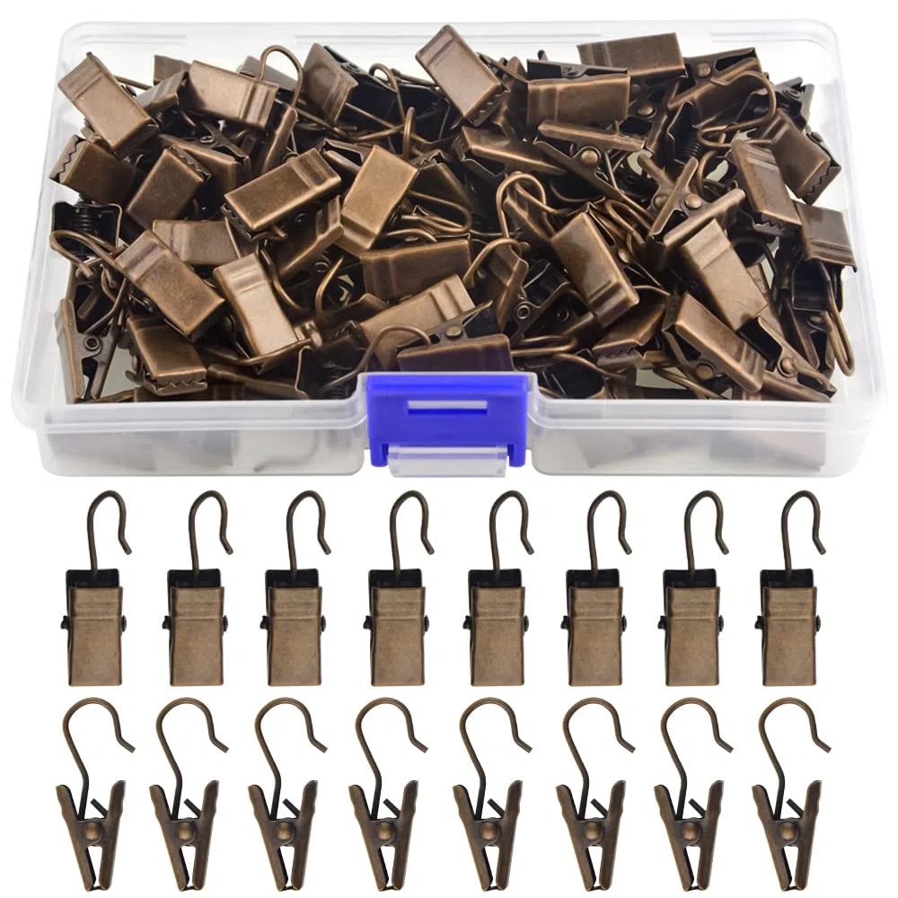 WMYCONGCONG 100 clip per tende con ganci, piccoli ganci resistenti, per luci per feste, per tende, foto, decorazione per la casa, doccia, drappeggi, artigianato, esposizione (rame antico)