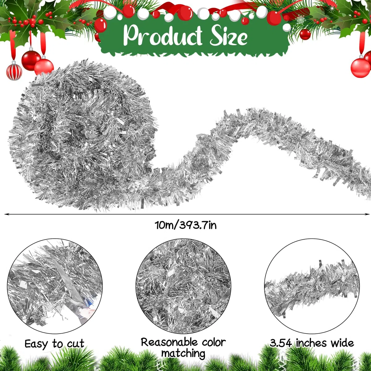 SULOLI Ghirlanda Natalizia Argente,10 Metri Ghirlanda Tinsel Artificiale per Decorazioni Albero di Natale(Argento)