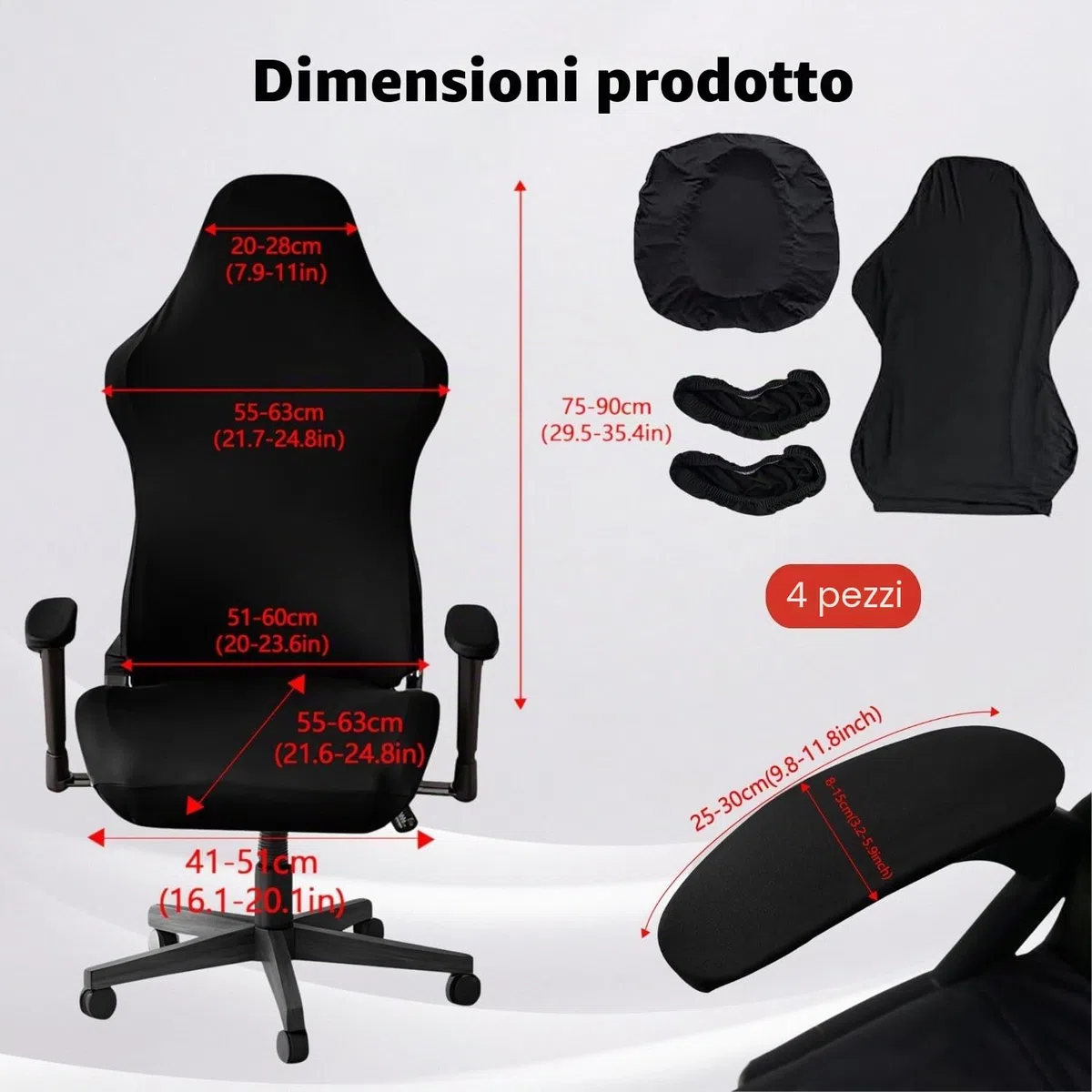 Set di 4 fodere elastiche lavabili per sedia da gaming per sedia da gioco, sedia girevole, schienale e braccioli