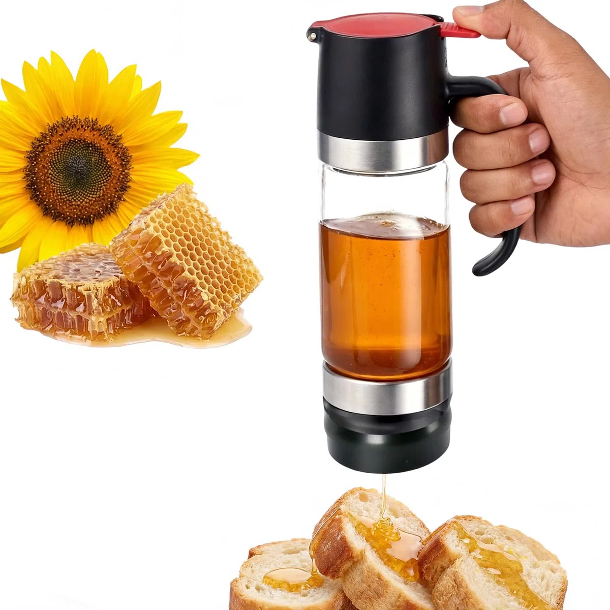 350ml Dosatore Miele in Vetro, Contenitore Dispenser Miele Antigoccia con Manico per Miele Sciroppo Caffè E Altri Liquidi Per Desser