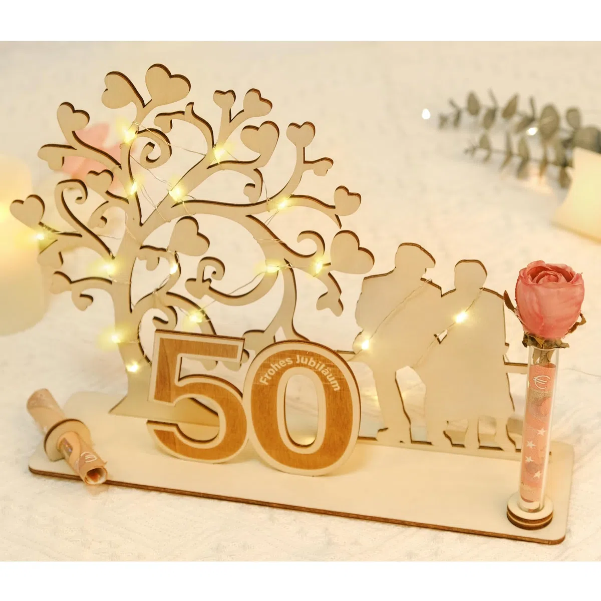Regalo in legno per 50 anni di matrimonio, decorazione in legno con albero a cuore e LED, idea regalo per il 50° anniversario di matrimonio