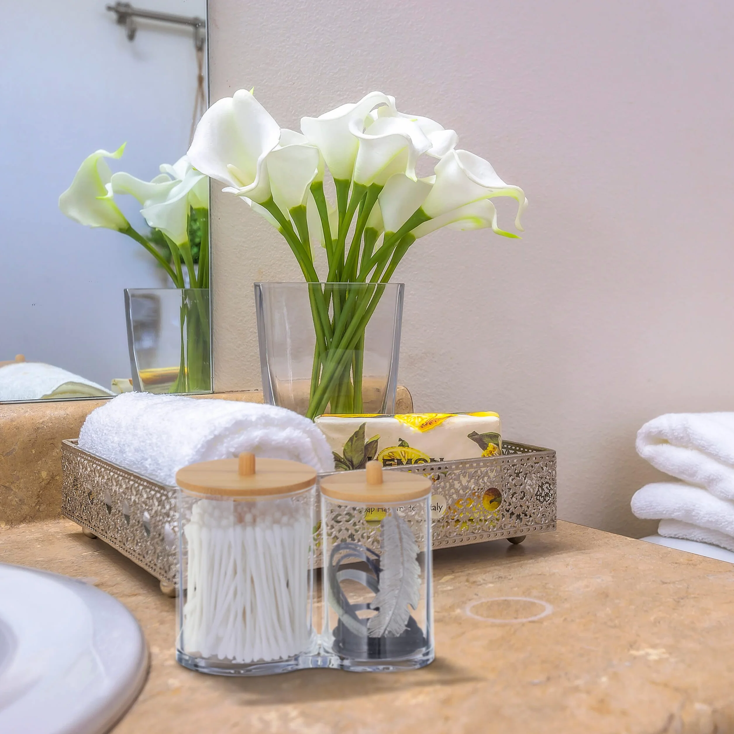 Relaxdays Porta Cotton Fioc, Bagno, Dispenser per Dischetti di Cotone, Plastica, Coperchi in bambù, Naturale Trasparente