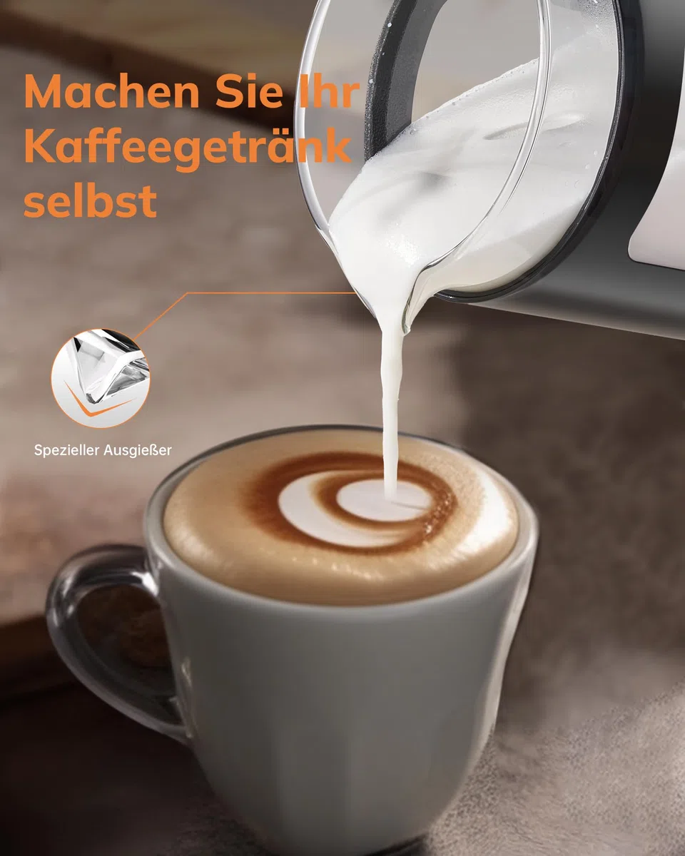 Morpilot Montalatte elettrico, 130-600 ml, 550 W, montalatte 4 in 1, per acqua calda e fredda, vetro visivo, design latte, nero