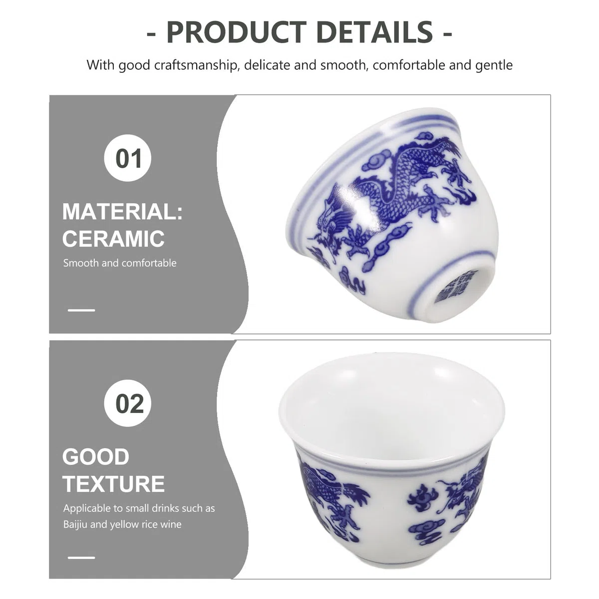 Artibetter Set 4 Tazze da Tè Cinesi in Ceramica Blu e Bianco 25ml, Design Elegante e Semplice, Facili da Pulire e Comode da Tenere, per Uso Quotidiano