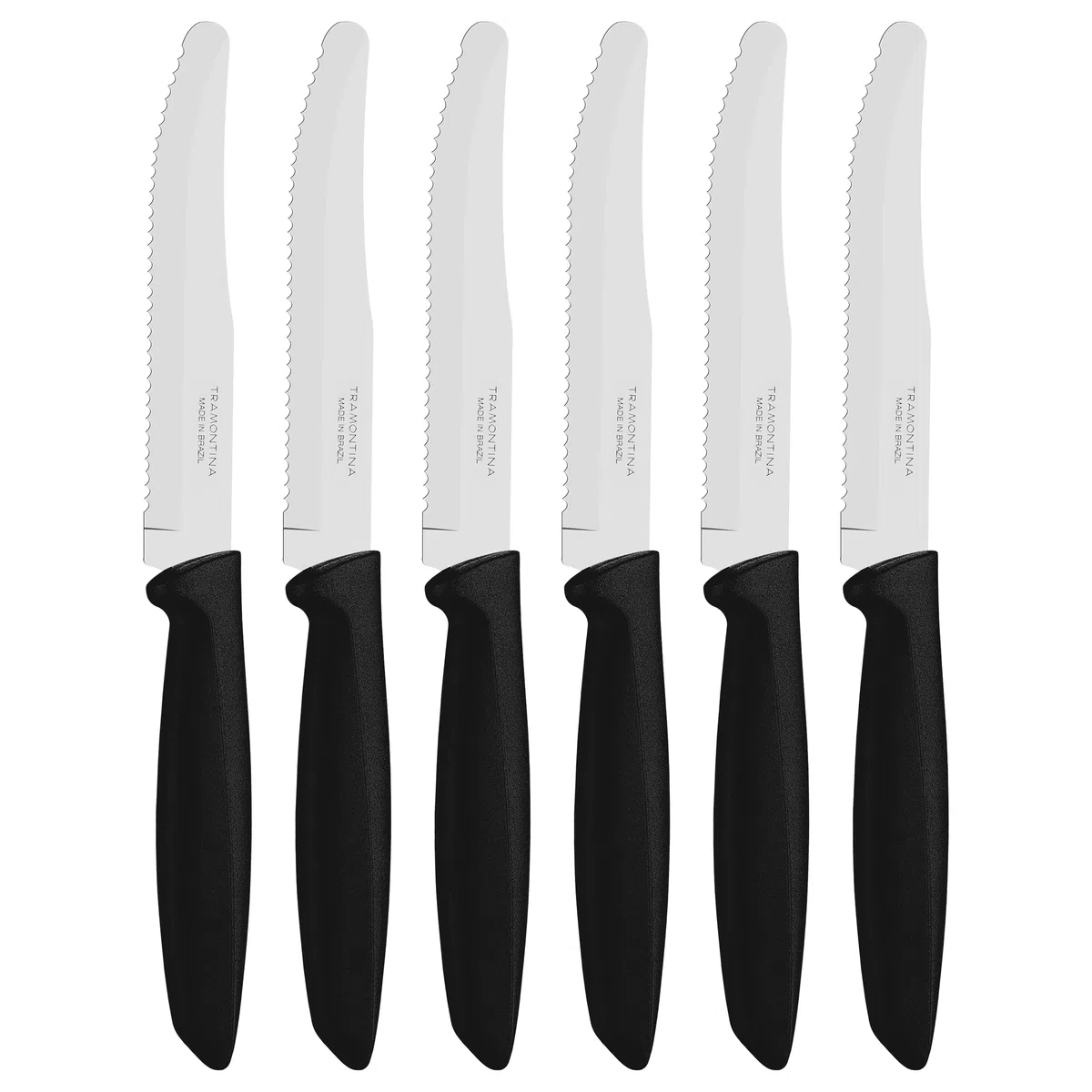 Tramontina Set di Coltelli da Tavola Dentati da Carne con Punta Arrotondata Colore Nero Acciaio Inossidabile Plenus 6 pezzi