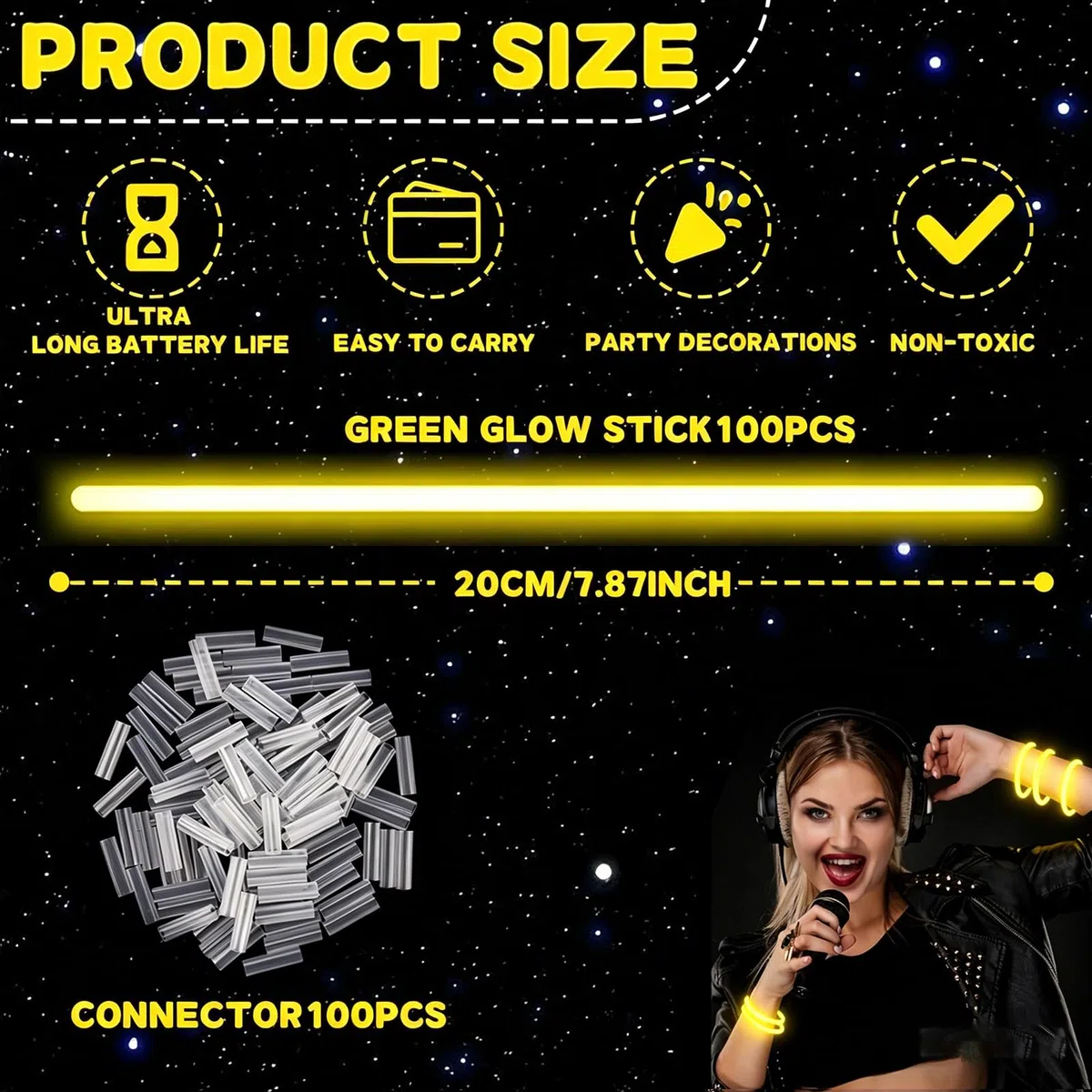 YAAVAAW Braccialetti luminosi fluorescenti verde 100 pezzi, colorati bastoni bulk con 100 connettori. Glow sticks bambini adulti per compleanno, feste, Carnevale, Capodanno, Pasqua, Halloween (Verde)