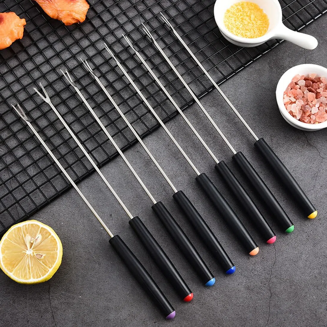 8 pcs forchette per fonduta in acciaio inossidabile 430 - posate per fonduta con 8 colori - spiedini per fonduta con manico - lavabili in lavastoviglie - manico in plastica