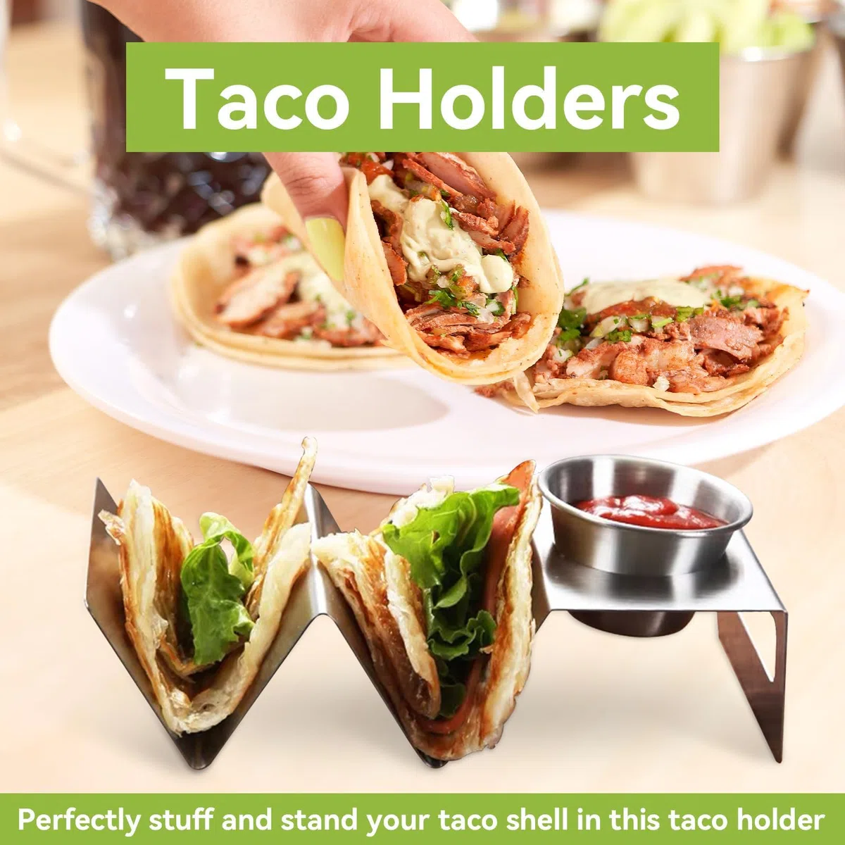 HERCHR Porta Tacos Messicani supporto per taco in acciaio inox con posacenere per salsa