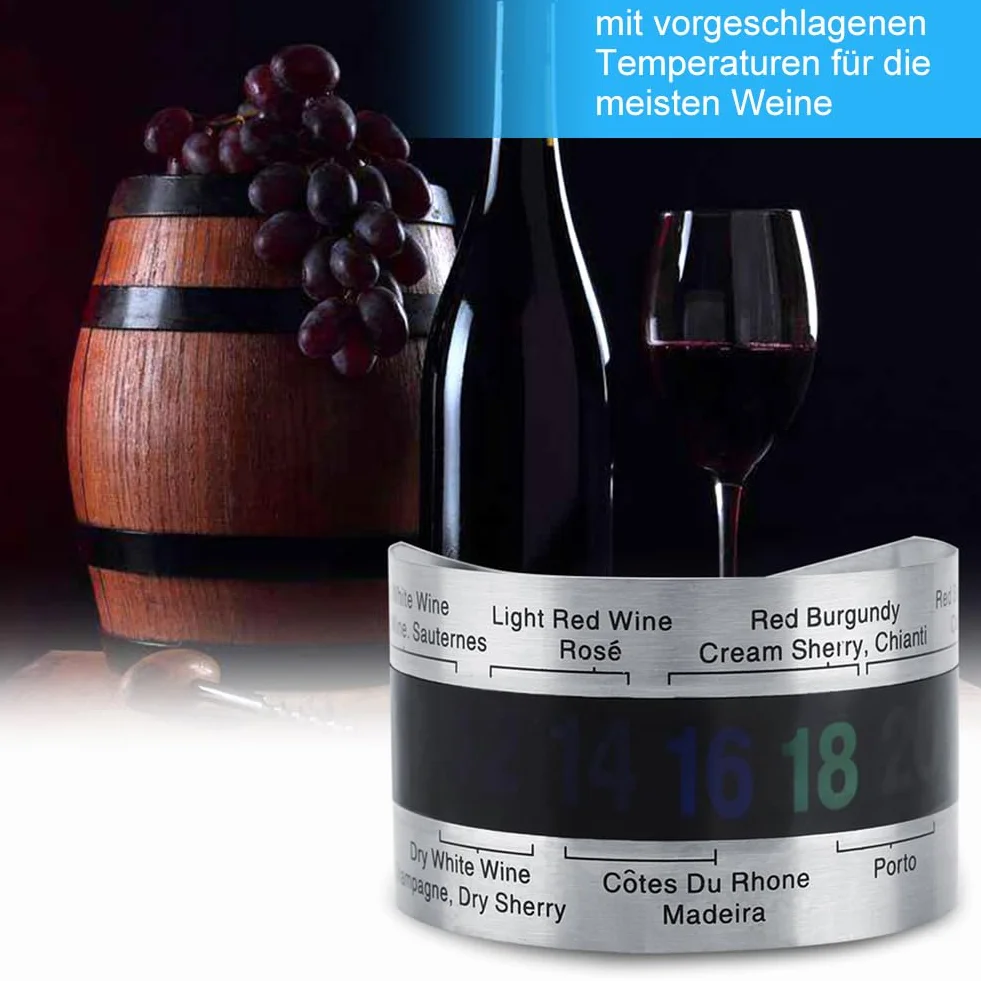 Termometro Vino LCD Acciaio Inossidabile - Sensore Temperatura per Bottiglie Vino Rosso, Design Bracciale