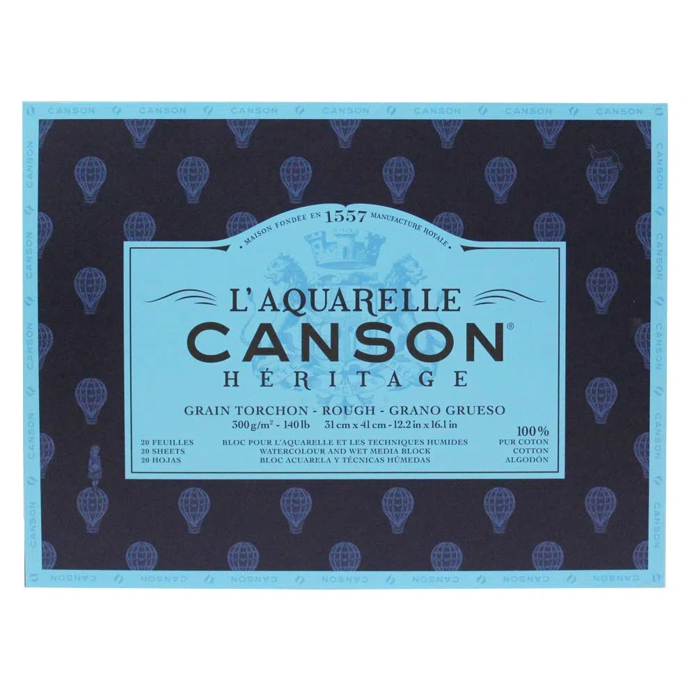 Canson Heritage - Blocco per acquerelli, incollato su 4 lati, 20 fogli, grana ruvida. 31 x 41 cm 300g, bianco