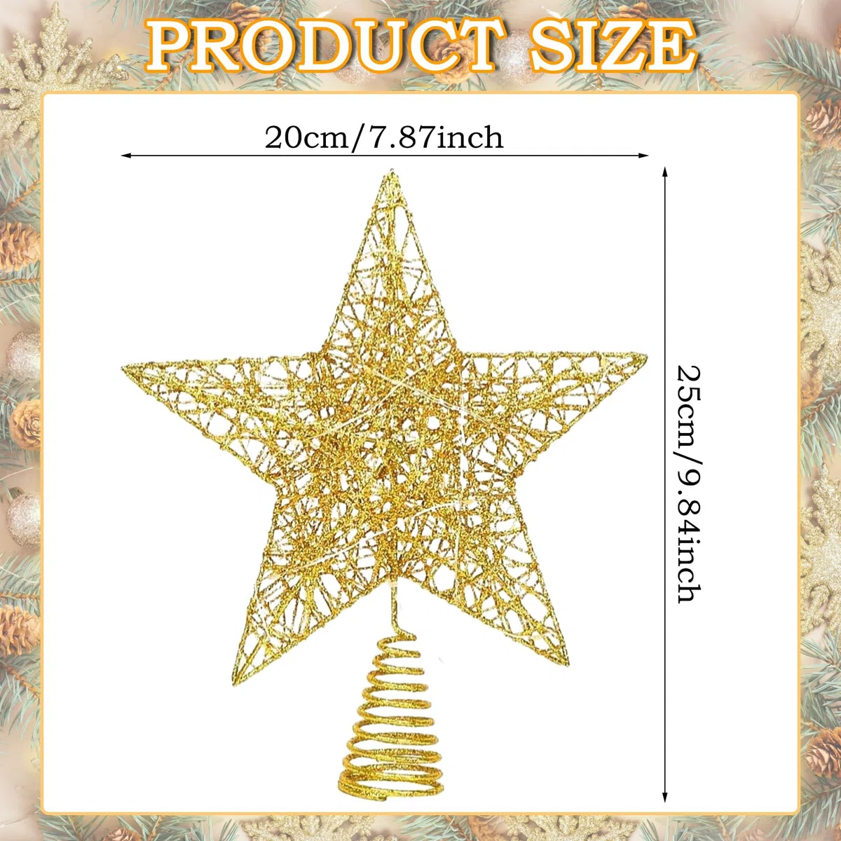 Punta per albero di Natale con 20 LED, 20,3 x 25,4 cm, luce a corona, in ferro, per interni, due modalità (luce accesa/lampeggiante)
