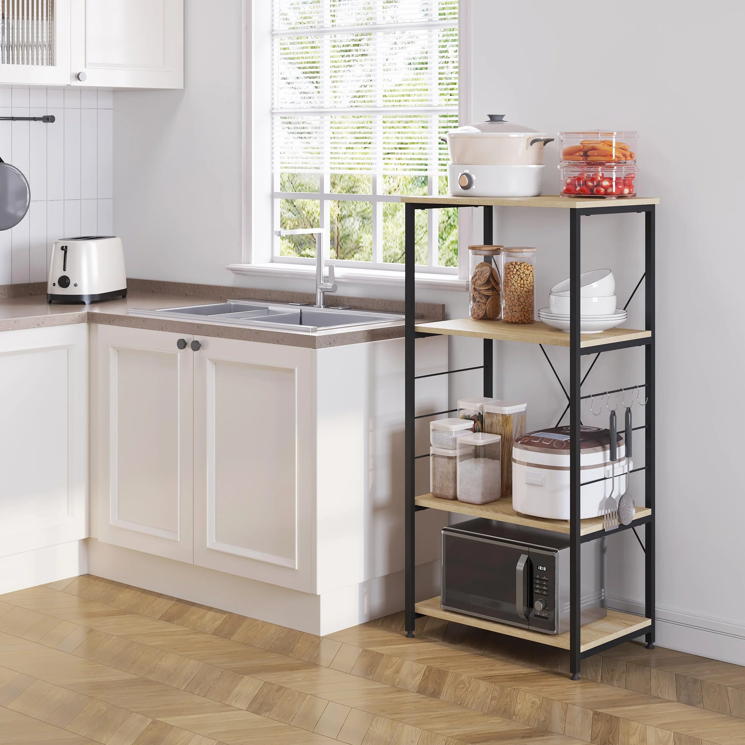 WOLTU Scaffale per Cucina Carrello Porta Microonde Forno a 4 Ripiani con Ganci in Acciaio Legno