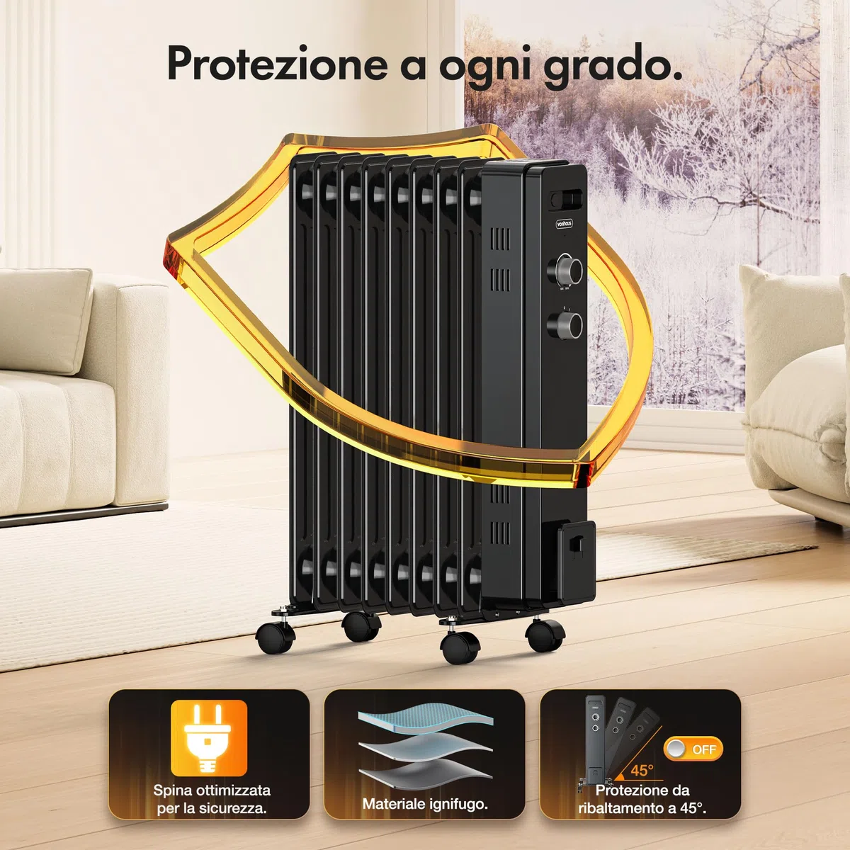 VonHaus Radiatore a Olio Elettrico 9 Elementi – Stufa ad Olio Portatile da 2000W, per Casa, Ufficio, Stanze – Termostato Regolabile, 3 Livelli di Calore, 4 Ruote, Cavo da 1,5 m (Nero)