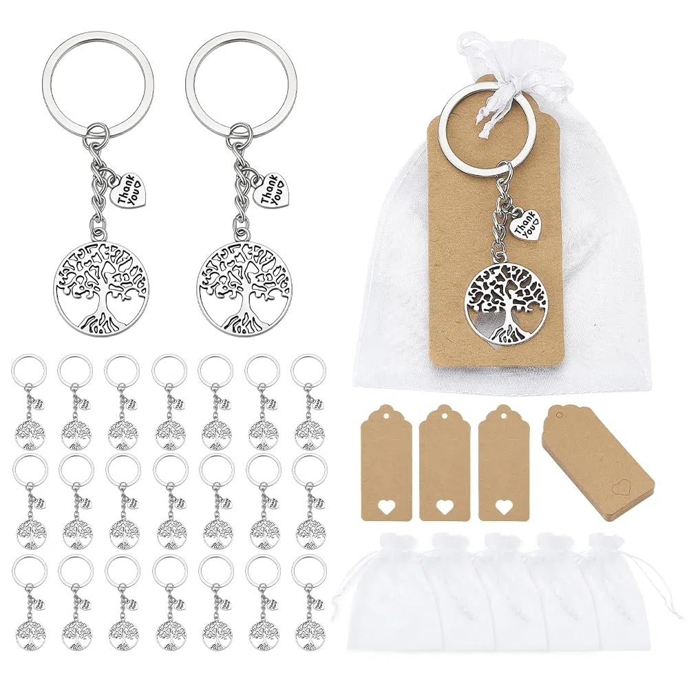 PH PandaHall 24 Set Portachiavi Albero della Vita con Etichette di Grazie Ciondoli Albero della Vita con Sacchetti in Organza e Etichette di Carta Regali per Battesimo Comunione Matrimonio