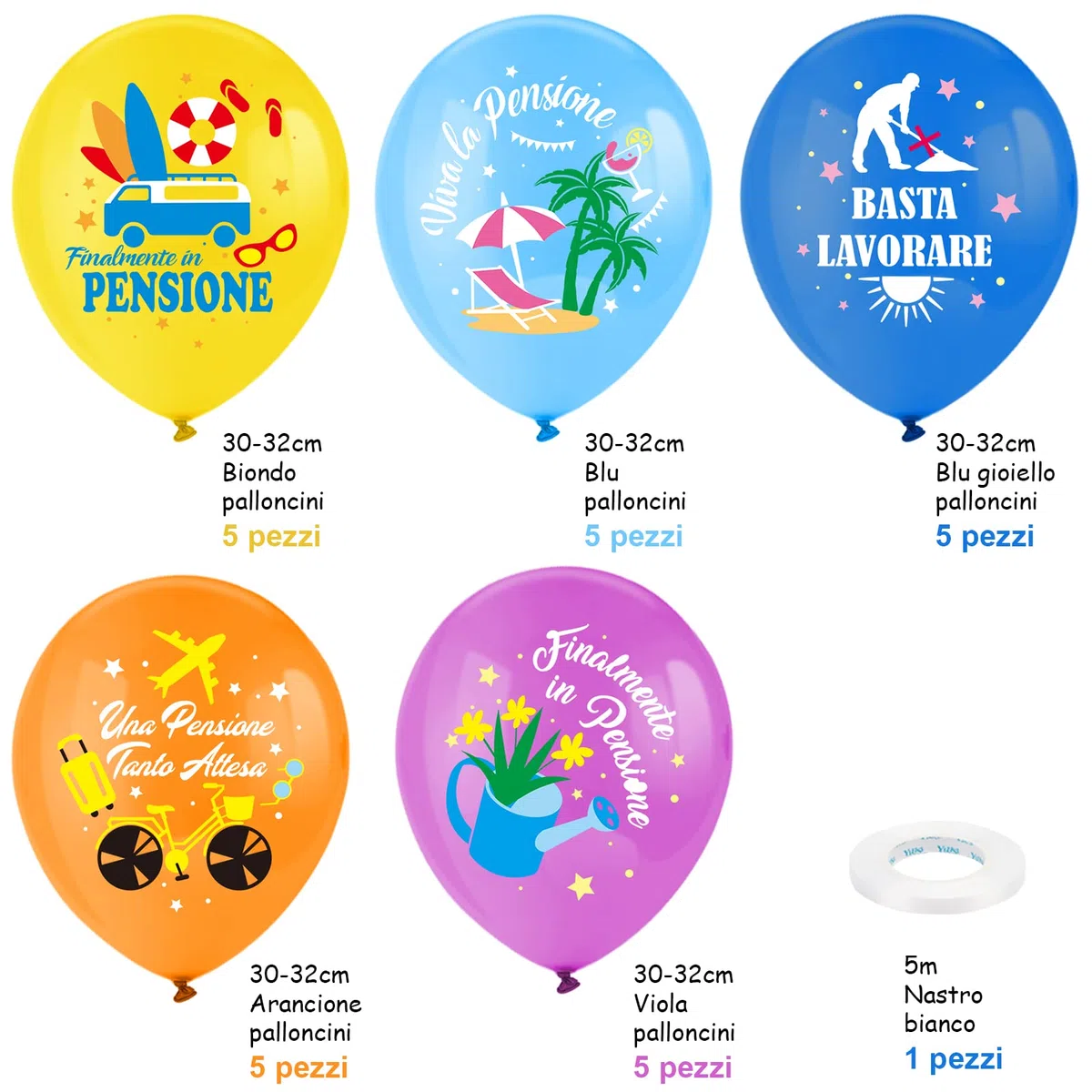 DPKOW 25pz Palloncini Pensione Colorati Palloncini Pensione Italiano Finalmente in Pensione Palloncino in Lattice Viva la Pensione Decorazione Addobbi Gadget per Festa di Pensionamento Donna Uomo