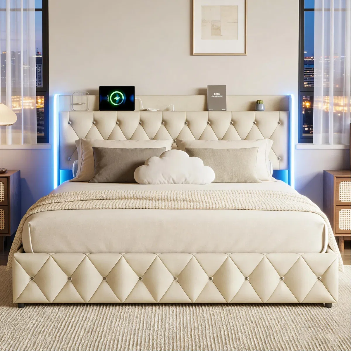 BRILVERDE Letto Imbottito 160x200 con Contenitore Idraulico, Letto Matrimoniale a LED con USB, Funzionale con testiera, Struttura Letto con Rete a doghe, in Velluto (Beige, 160 x 200 cm)