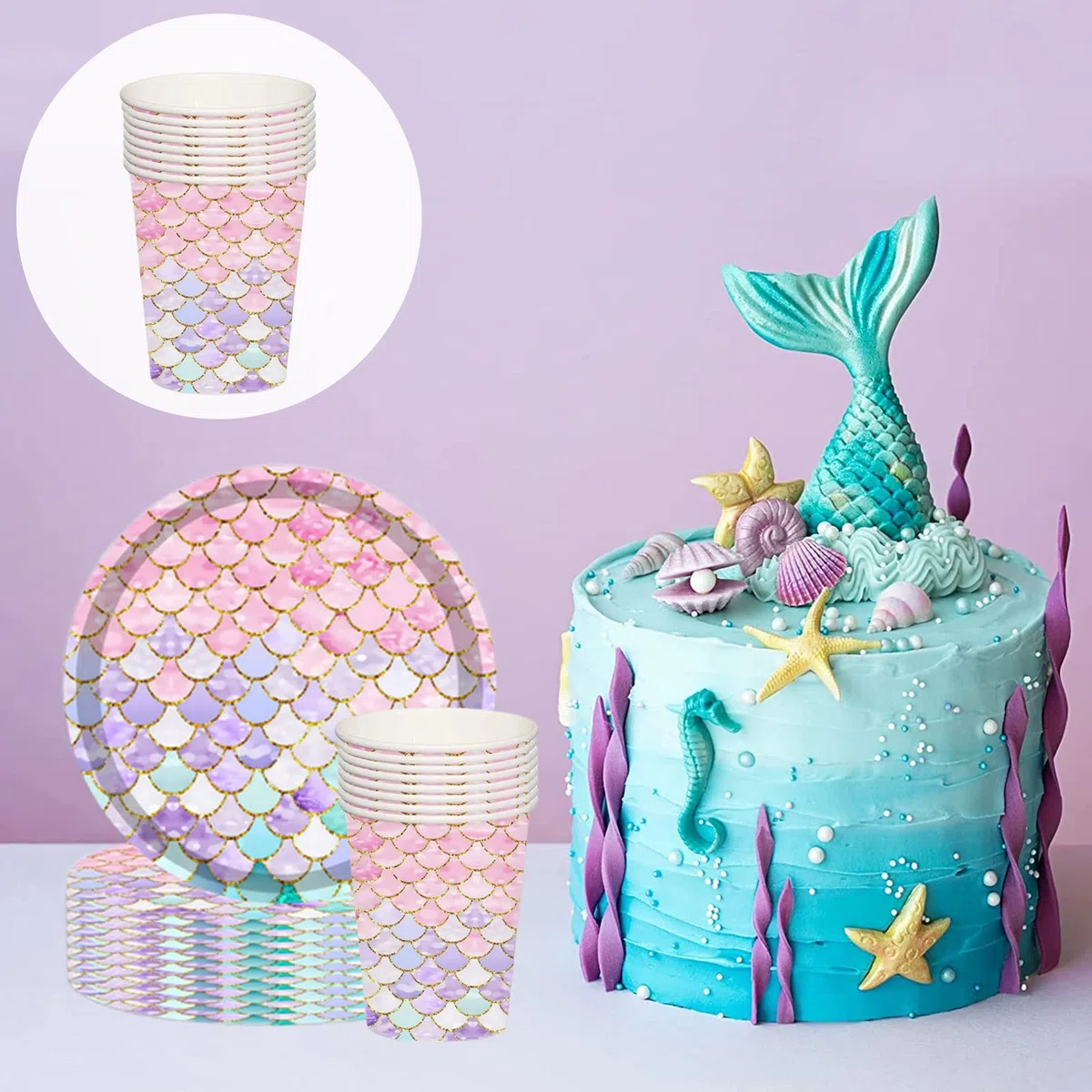 Mienocol 32 bicchieri di carta magici a forma di sirena, per feste di compleanno, feste a tema sirena, forniture per feste per bambini e ragazze, per feste di compleanno, baby shower, cene, dessert
