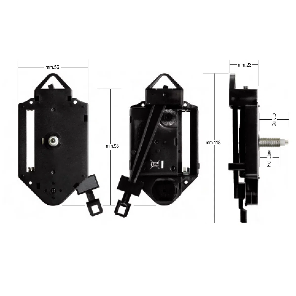 Clock-it Meccanismo orologio pendolo con Canotto extra lungo 24mm, Lancette plastica nere. Kit per riparazione, sostituzione o realizzazione orologio pendolo da parete.