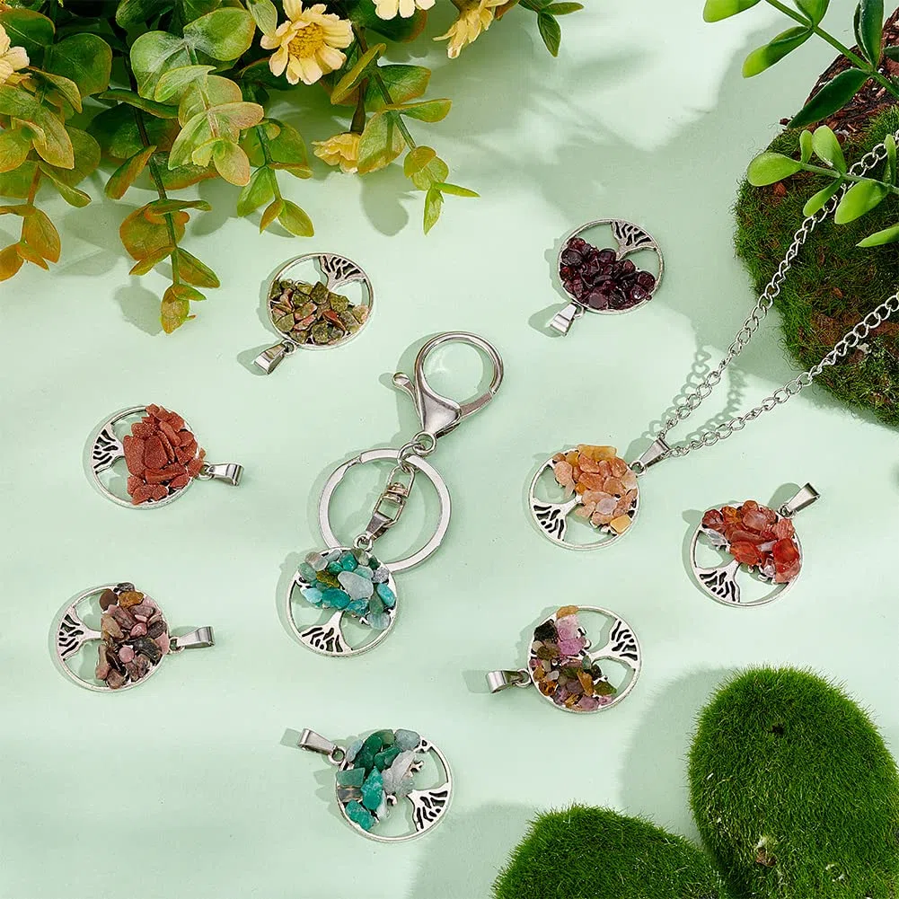 PH PandaHall 32pz Ciondolo Albero della Vita con Pietre, 8 Stile Charm Pendente Albero della Vita Ciondolo Rotondo Argento Ciondoli Pietre per Collane Bomboniere Portachiavi Fai da te