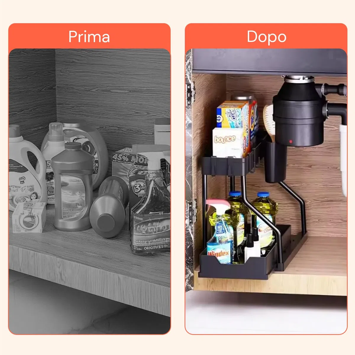 Avilia - Organizer Sottolavello Estraibile a 2 Livelli, Cassetto Scorrevole Salvaspazio con Secchiello Laterale e 4 Ganci, Multiuso Cucina, Bagno e Lavanderia, Scrivania.