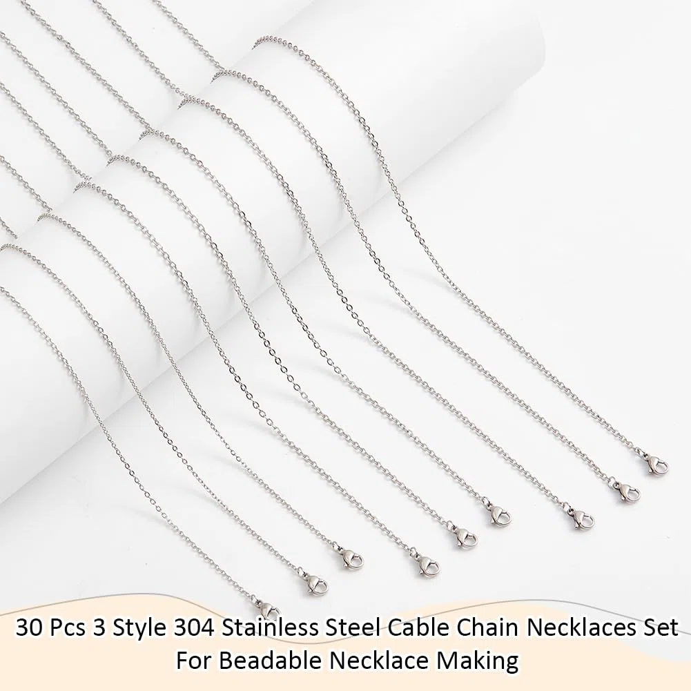 NBEADS 30 pz 304 Catene in Acciaio Inossidabile, 3 Stili Collana con Catena per Creazione di Gioielli Collana in Argento con Catena Portacavi Set per Creazione di Collane con Perline, 45~60cm