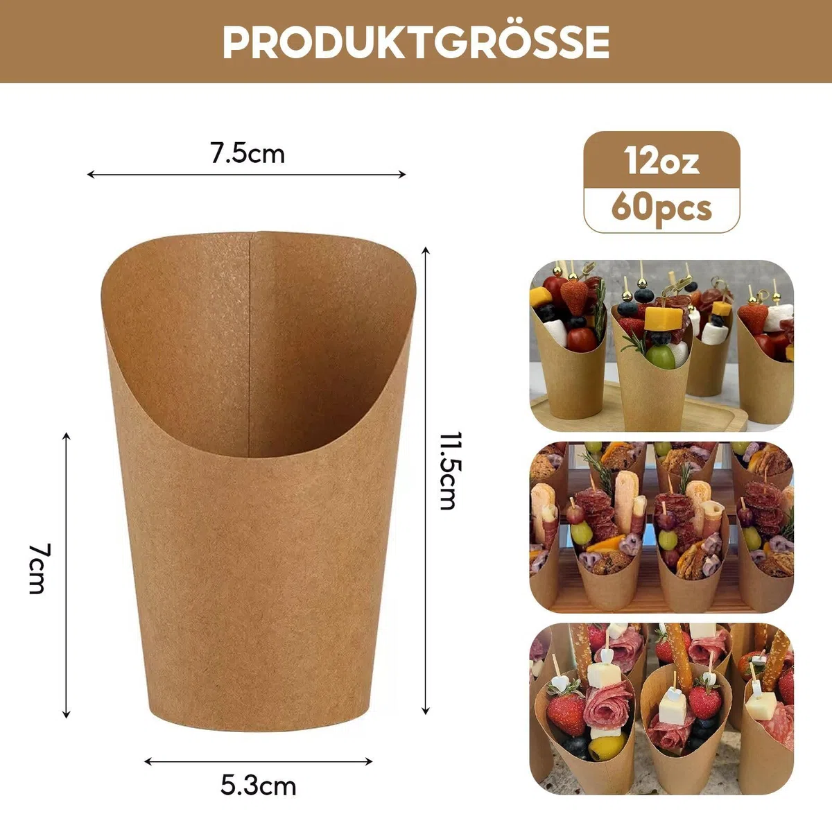 60 Pezzi Bicchieri di Carta Kraft, Porta Patatine 12oz, Sacchetti per Waffle a Bolle, Coni di Carta Kraft per Waffle, Patatine, Popcorn