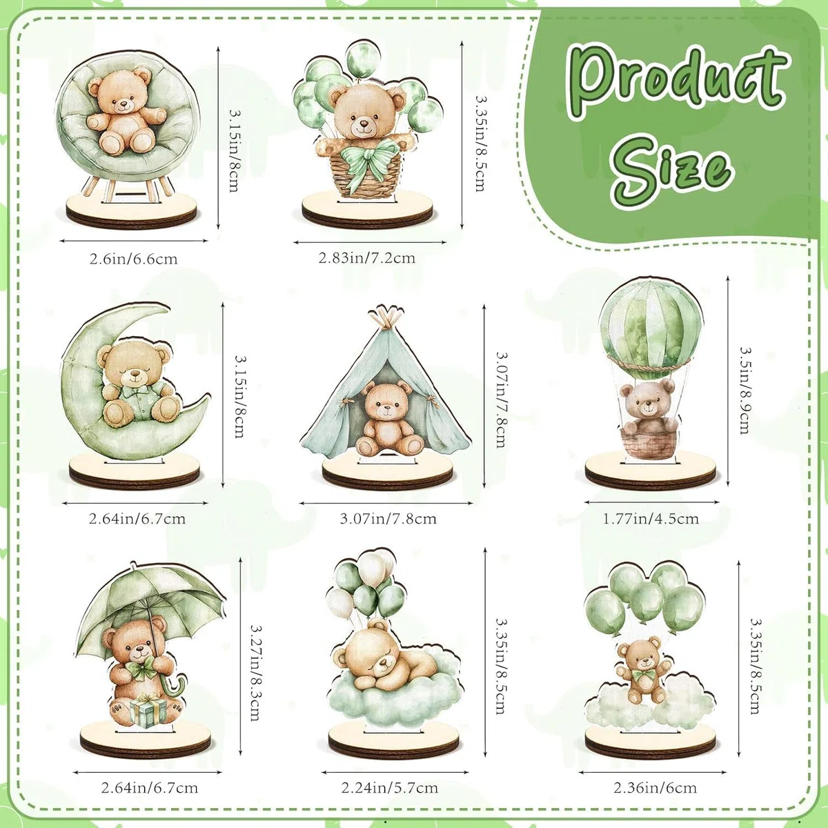 8 Pezzi Decorazioni in Legno per Baby Shower, Verde Salvia, Orso, Topper da Tavolo con Cartello Rimovibile, per Bambino O Bambina, Decorazioni per Rivelazion