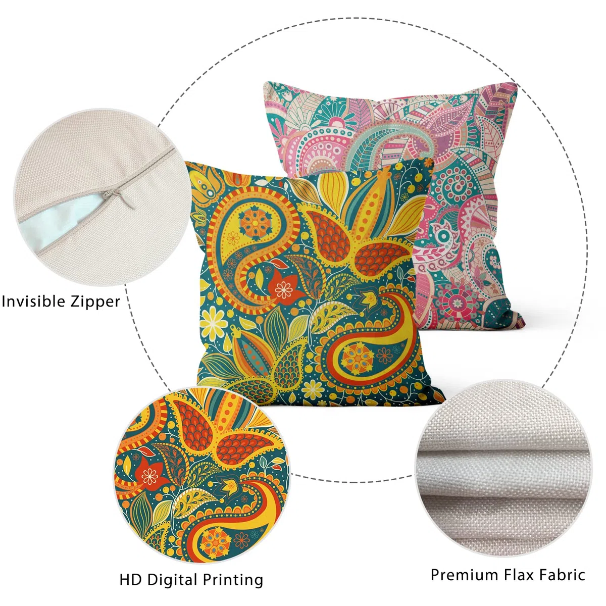 Lot de 4 housses de coussin bohème 40x40 cm, boho floral rouge jaune violet décoration de canapé housse de coussin lavable en polyester d'ameublement housse de coussin