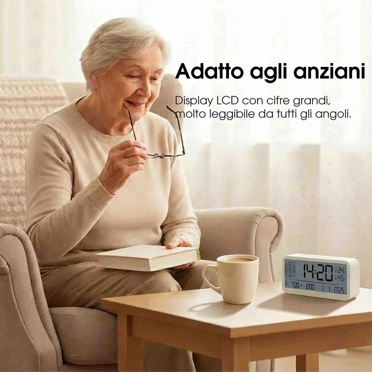 Sveglia Digitale LCD con Sensore di Temperatura e Umidità, Doppio Allarme con Funzione Snooze, Grande Schermo LCD con Retroilluminazione Regolabile, Orologio da Comodino con Visualizzazione della Data