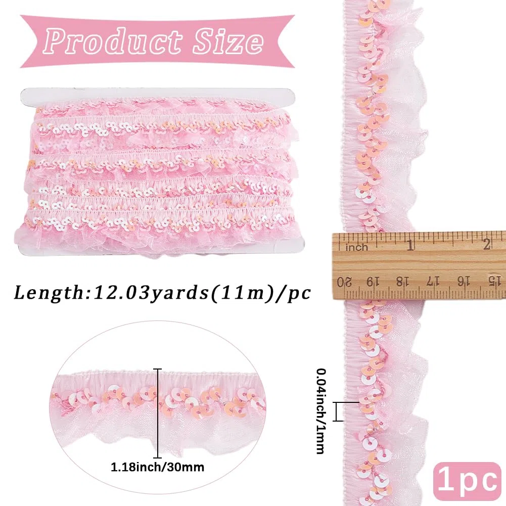 GORGECRAFT 11 m di Pizzo in Chiffon Plissettato Rosa con Paillettes, Elastico, in Organza, Nastro da 3cm, con Balze Arricciate, Elastico, per Cucire, Confezioni Regalo, Artigianato in Stoffa